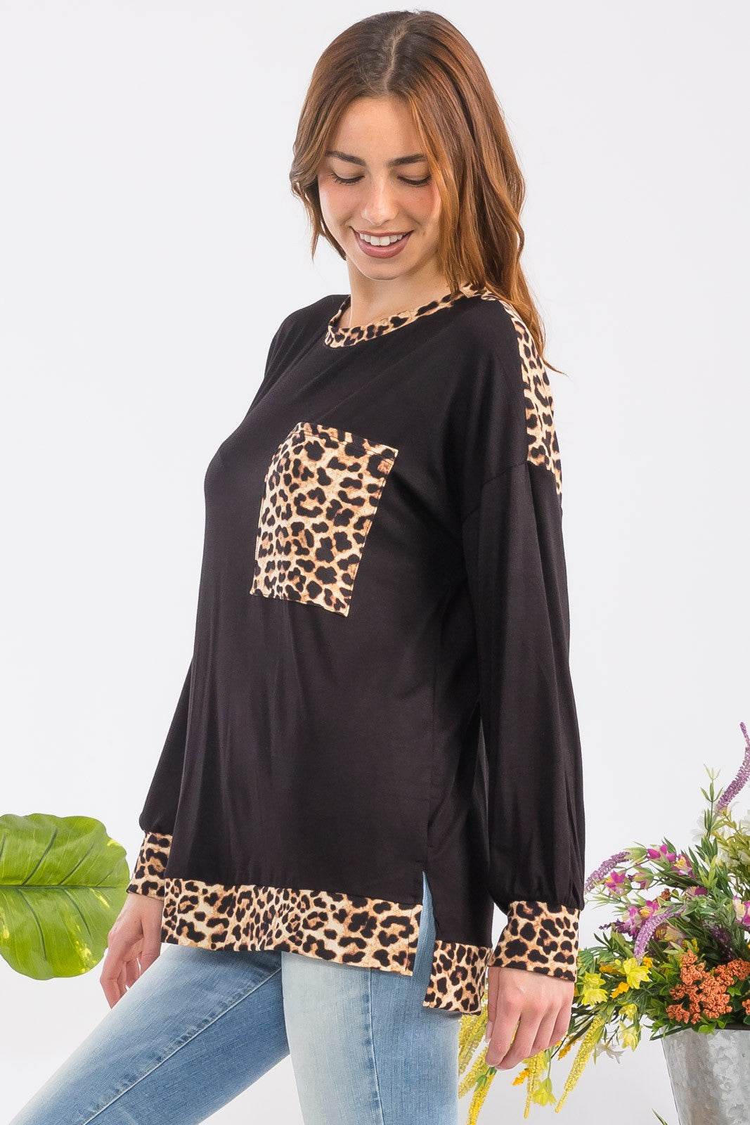 Celeste Full Size Leopard Round Neck Dropped Shoulder T-Shirt - Amexza