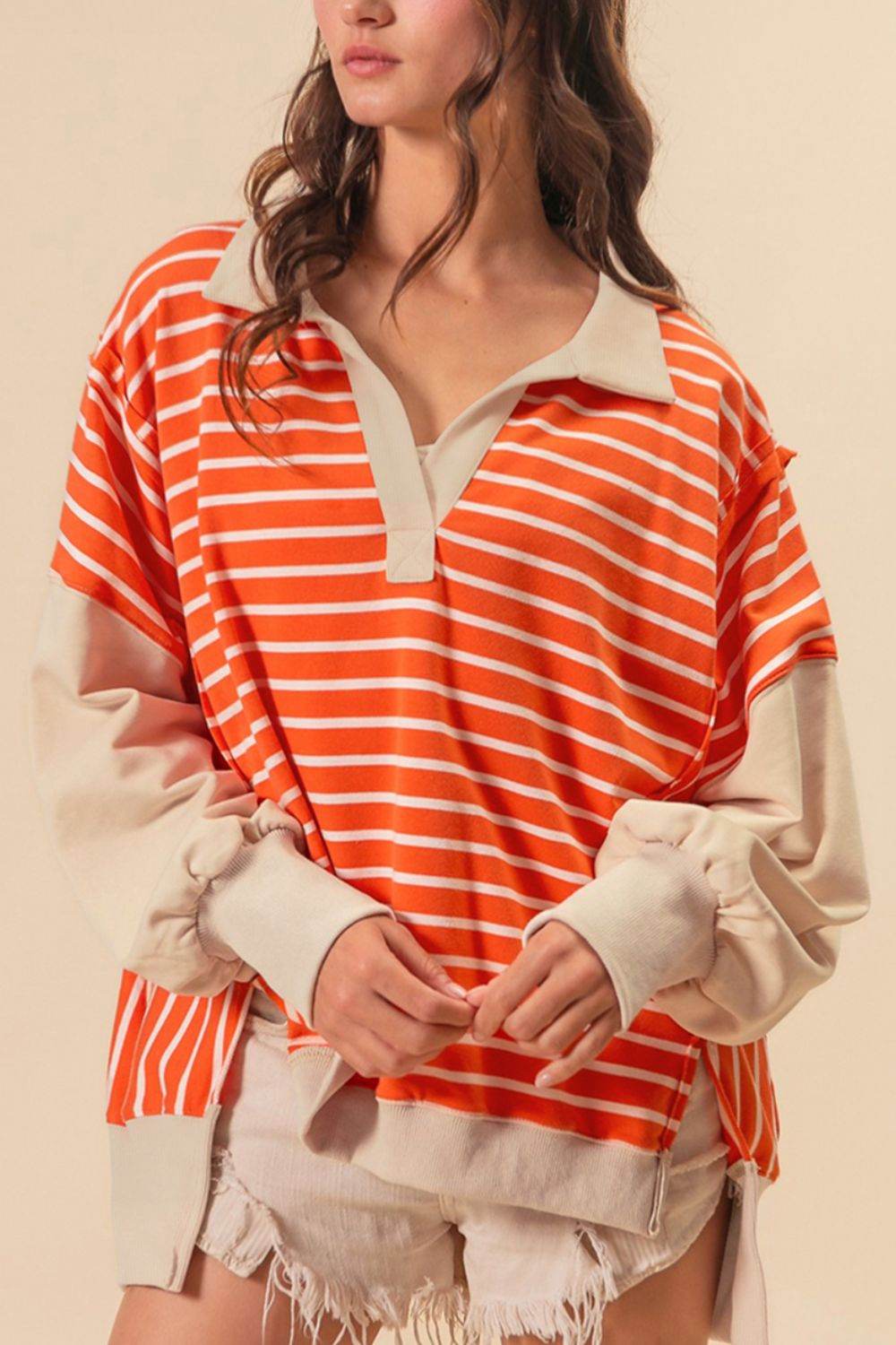 Striped Johnny Collar Long Sleeve Sweatshirt for a perfect OOTD – dress to impress outfits from Amexza