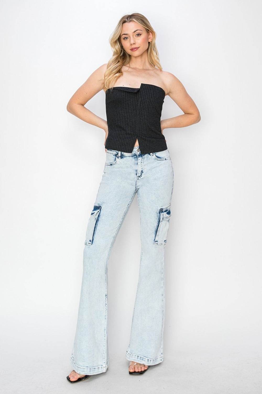RISEN Full Size High Rise Cargo Flare Jeans - Amexza