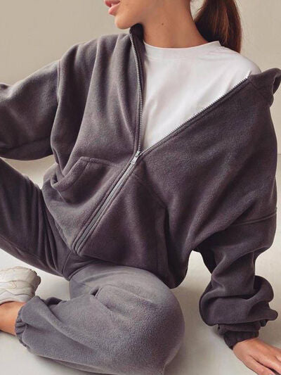 Zip Up Long Sleeve Hoodie and Joggers Set Dark Gray for a perfect OOTD – dress to impress outfits from Amexza