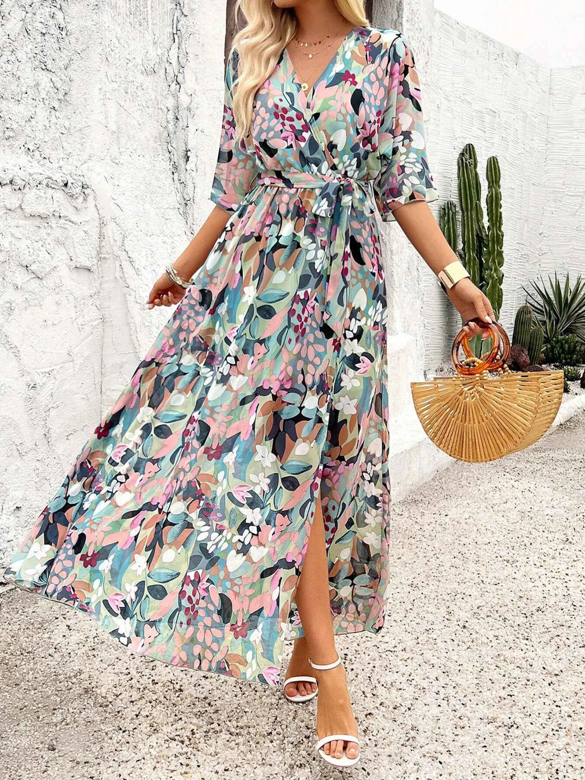 Slit Printed Surplice Half Sleeve Maxi Dress