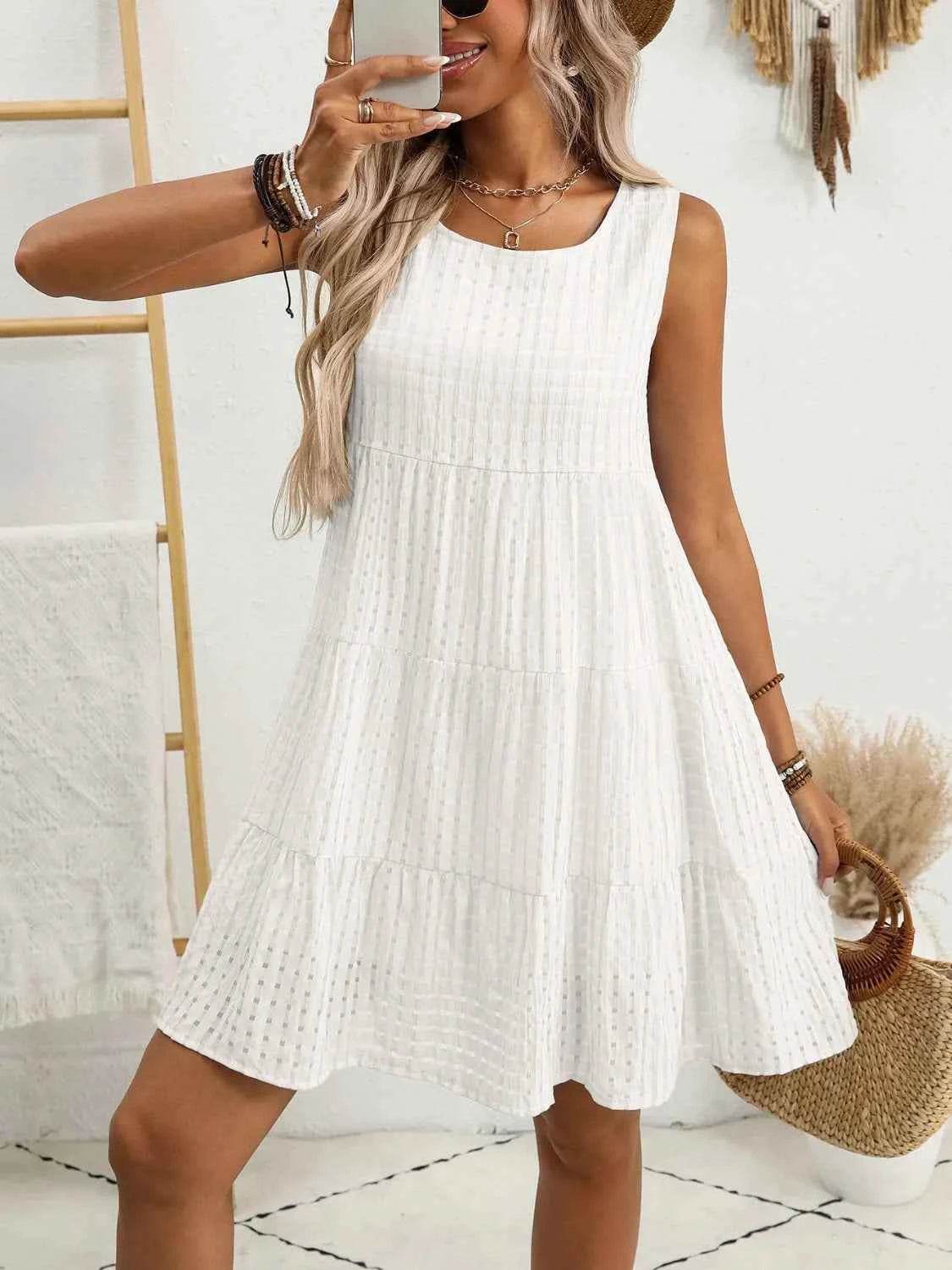 Plaid Round Neck Sleeveless Mini Dress White for a perfect OOTD – dress to impress outfits from Amexza