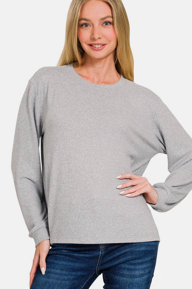 Zenana Hacci Round Neck Long Sleeve T-Shirt Light Gray for a perfect OOTD – dress to impress outfits from Amexza