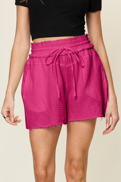 Double Take Full Size Texture Raw Trim Drawstring Shorts Hot Pink for a perfect OOTD – dress to impress outfits from Amexza