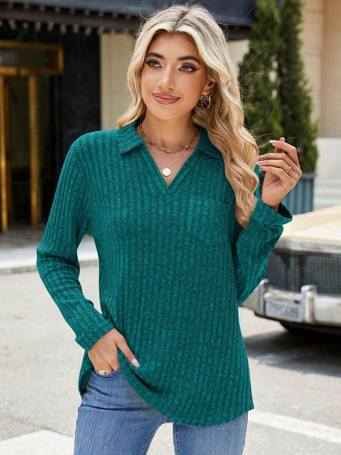 Ribbed Johnny Collar Long Sleeve T-Shirt for a perfect OOTD – dress to impress outfits from Amexza