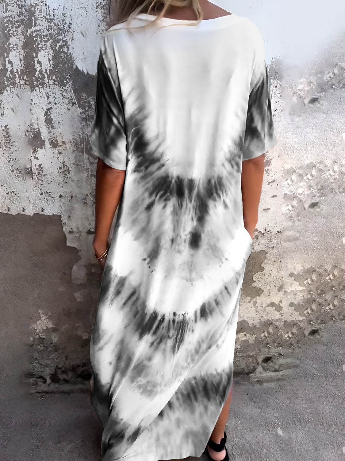 Full Size Pocketed Tie-Dye Short Sleeve Dress - Amexza