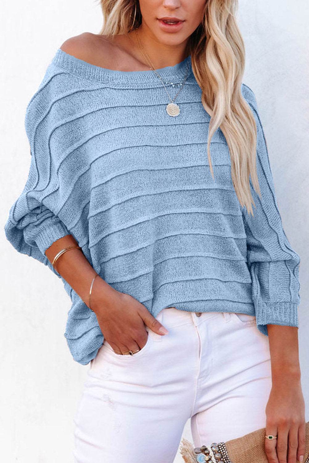 Round Neck Long Sleeve Knit Top - Amexza