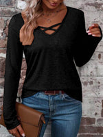 Crisscross V-Neck Long Sleeve T-Shirt - Amexza