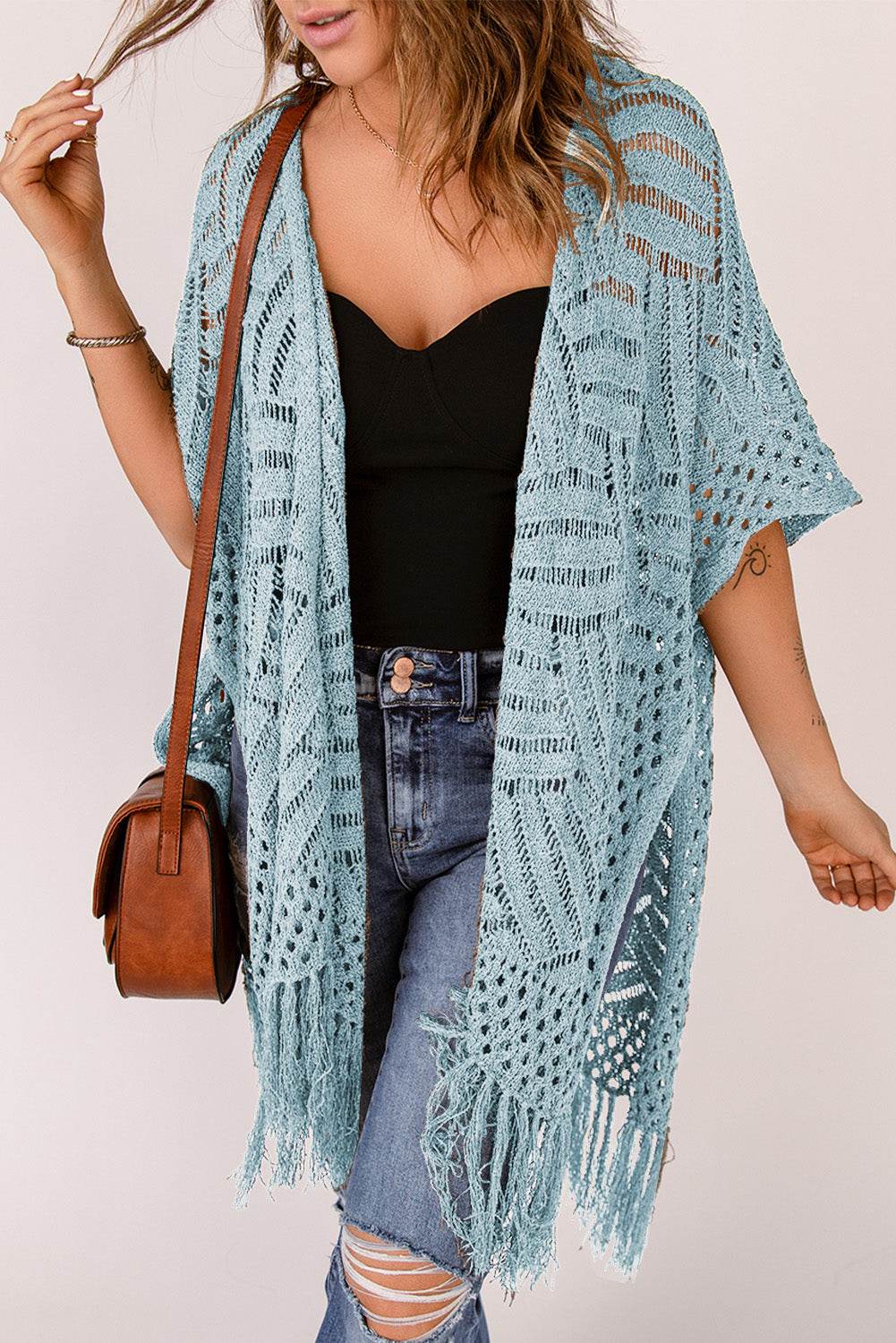 Openwork Open Front Cardigan with Fringes for a perfect OOTD – dress to impress outfits from Amexza