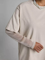 Faux Layered Round Neck Mesh Sleeve Top - Amexza