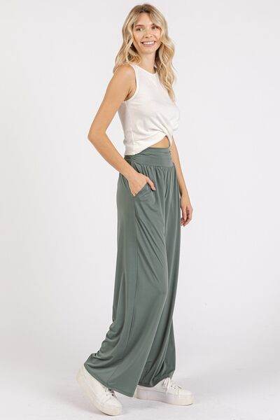 Mittoshop Stretch Banded Waist Wide Leg Pants with Pockets - Amexza