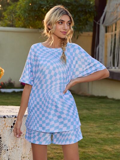 Plaid Round Neck Top and Shorts Lounge Set for a perfect OOTD – dress to impress outfits from Amexza