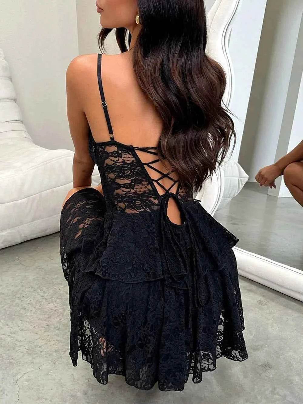 Devine Lace-Up Layered Lace Mini Cami Dress for a perfect OOTD – dress to impress outfits from Amexza