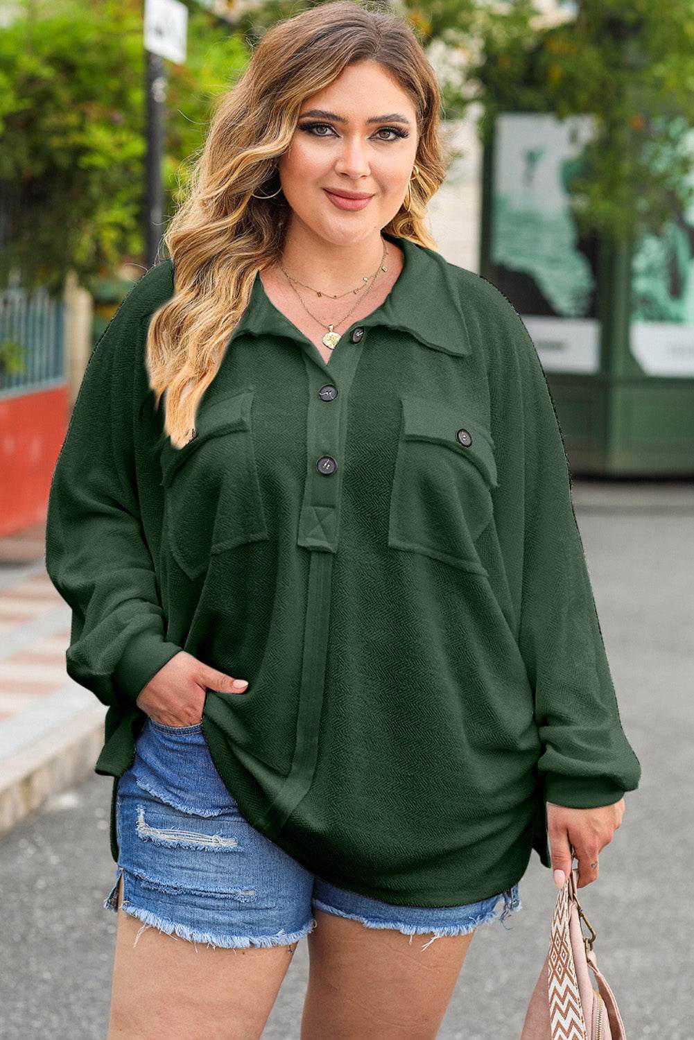 Plus Size Half Button Collared Neck Long Sleeve Blouse for a perfect OOTD – dress to impress outfits from Amexza