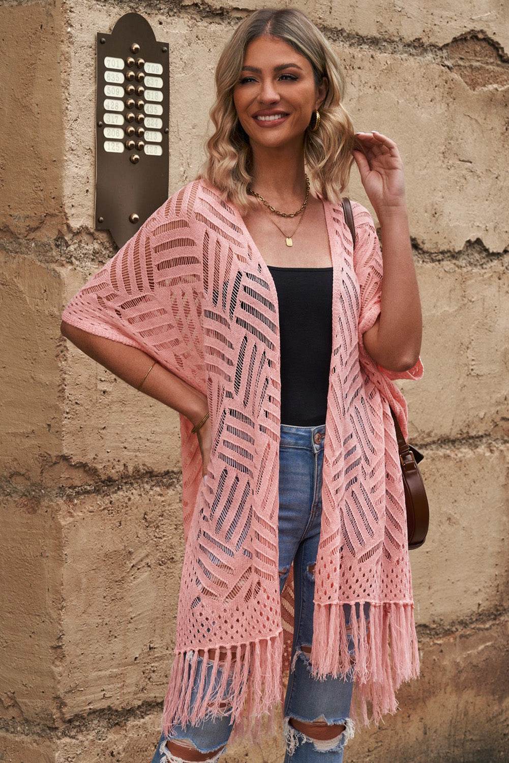 Openwork Open Front Cardigan with Fringes for a perfect OOTD – dress to impress outfits from Amexza