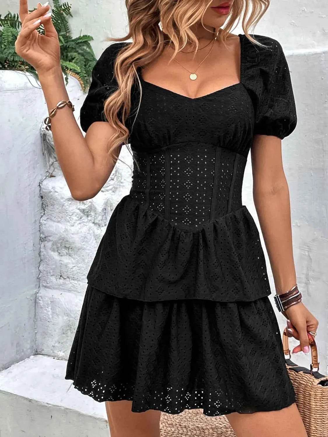 Layered Eyelet Short Sleeve Mini Dress Black for a perfect OOTD – dress to impress outfits from Amexza