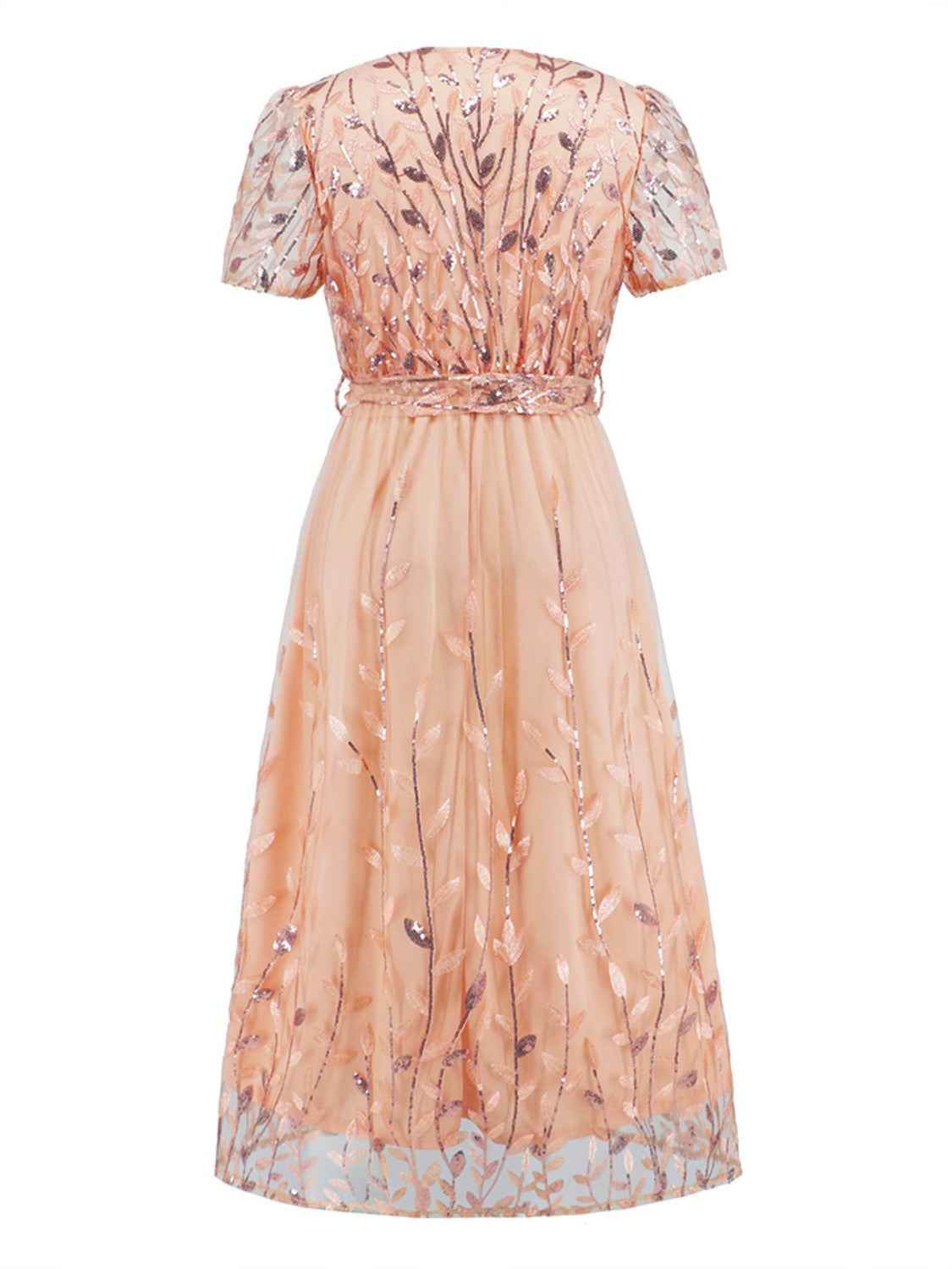 Sequin Leaf Embroidery Tie Front Short Sleeve Dress for a perfect OOTD – dress to impress outfits from Amexza