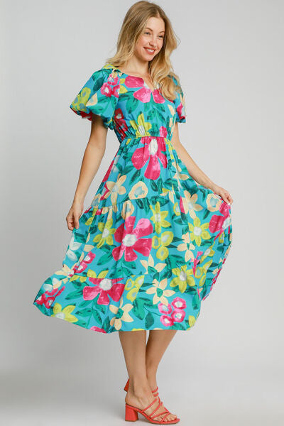 Umgee Full Size Tiered Floral Print Notched Puff Sleeve Midi Dress Plus Size for a perfect OOTD – dress to impress outfits from Amexza