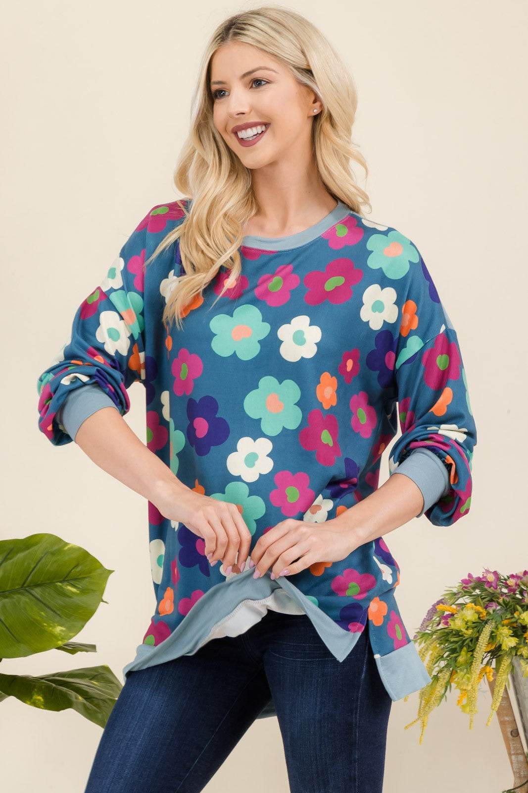 Celeste Full Size Side Slit Flower Print Long Sleeve Top Teal Floral for a perfect OOTD – dress to impress outfits from Amexza