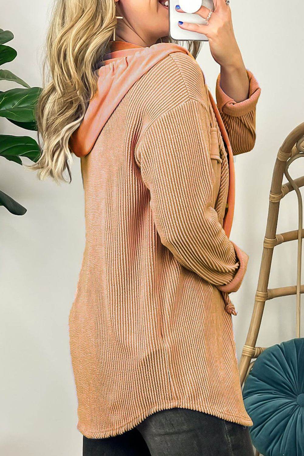 Drawstring Button Up Hooded Ribbed Shacket with Flap Pockets for a perfect OOTD – dress to impress outfits from Amexza