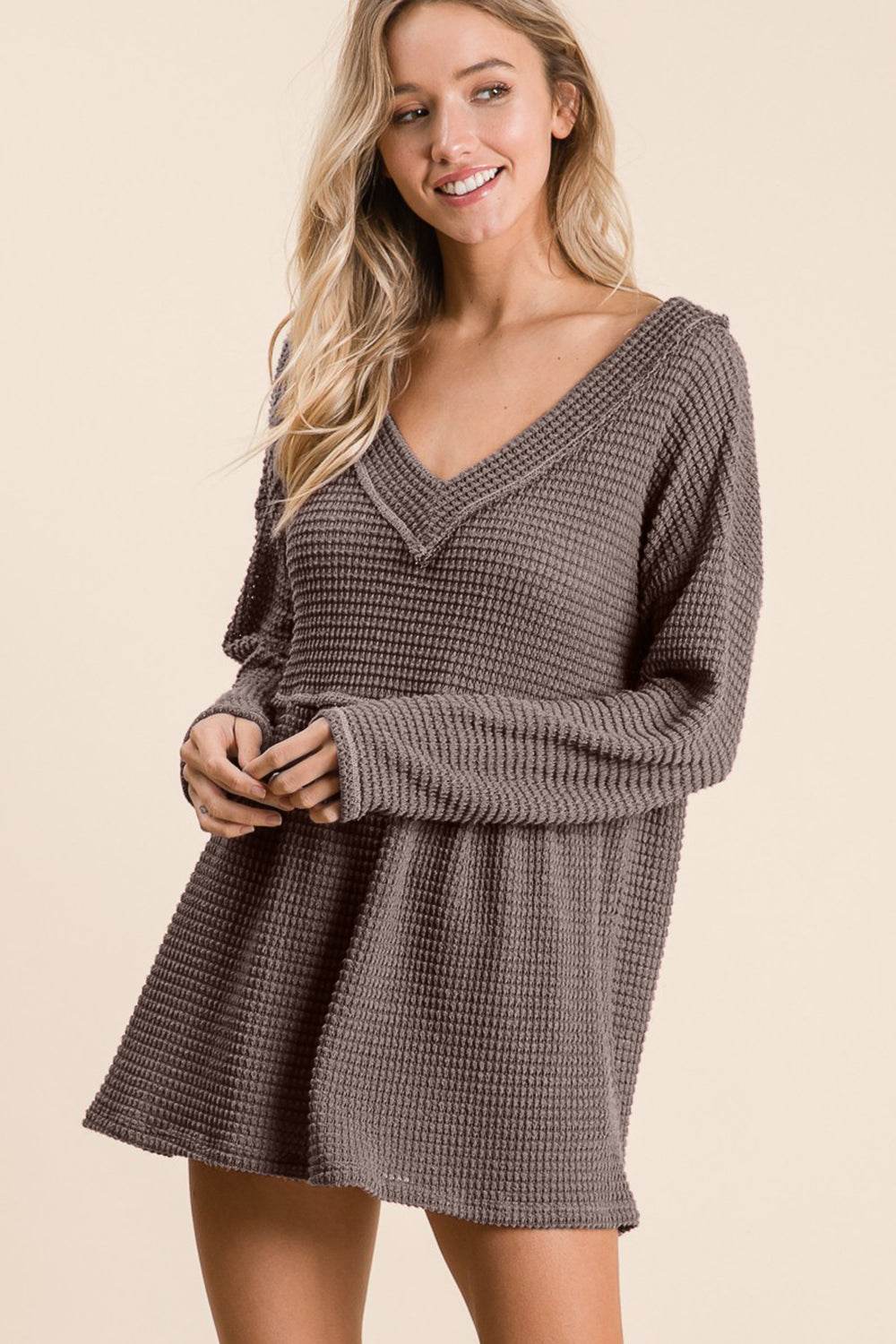 BiBi Waffle Knit V-Neck Babydoll Blouse for a perfect OOTD – dress to impress outfits from Amexza