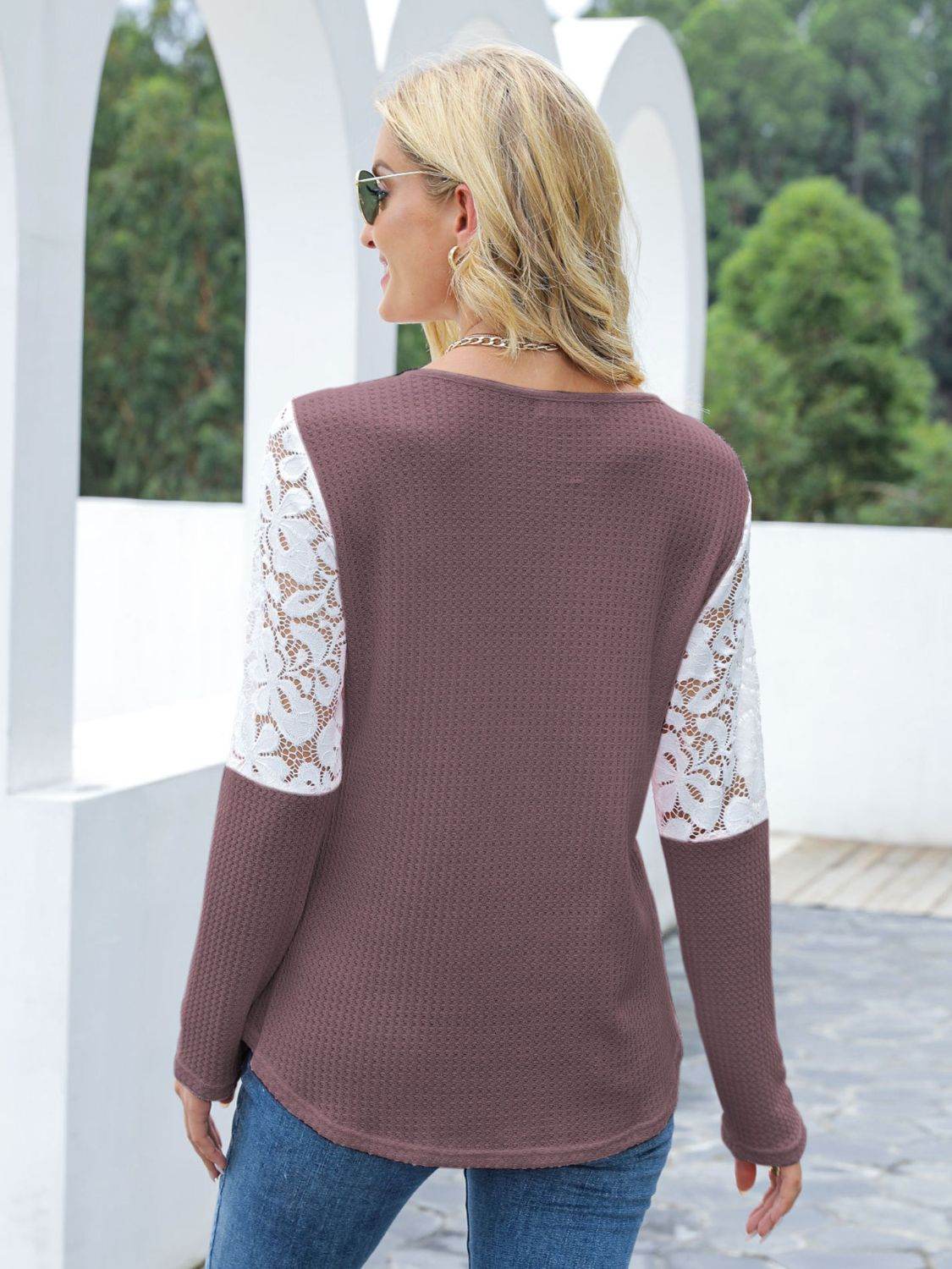 Waffle-Knit Lace Round Neck Long Sleeve T-Shirt for a perfect OOTD – dress to impress outfits from Amexza