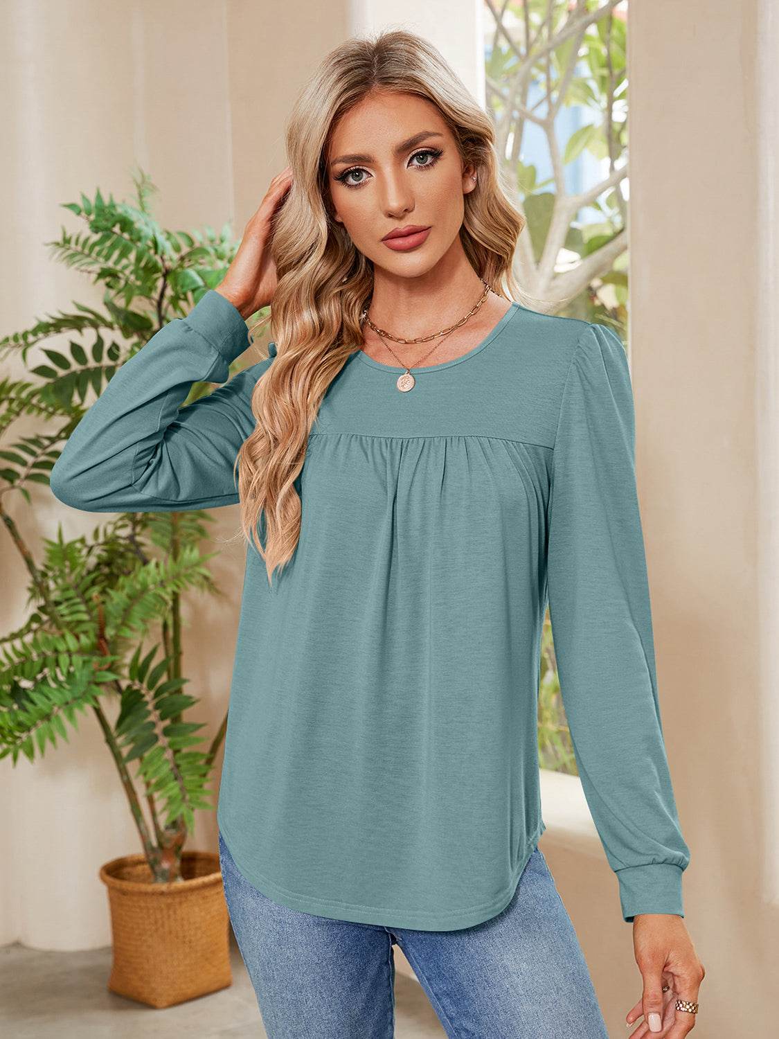 Ruched Round Neck Long Sleeve Blouse Air Force Blue for a perfect OOTD – dress to impress outfits from Amexza