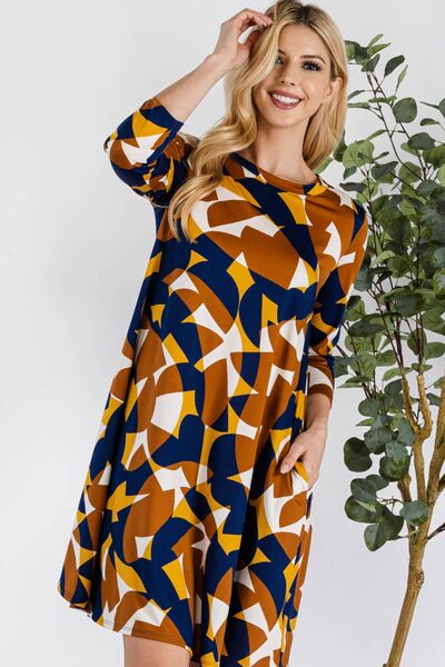 Celeste Full Size Geometric Round Neck Dress with Pockets for a perfect OOTD – dress to impress outfits from Amexza