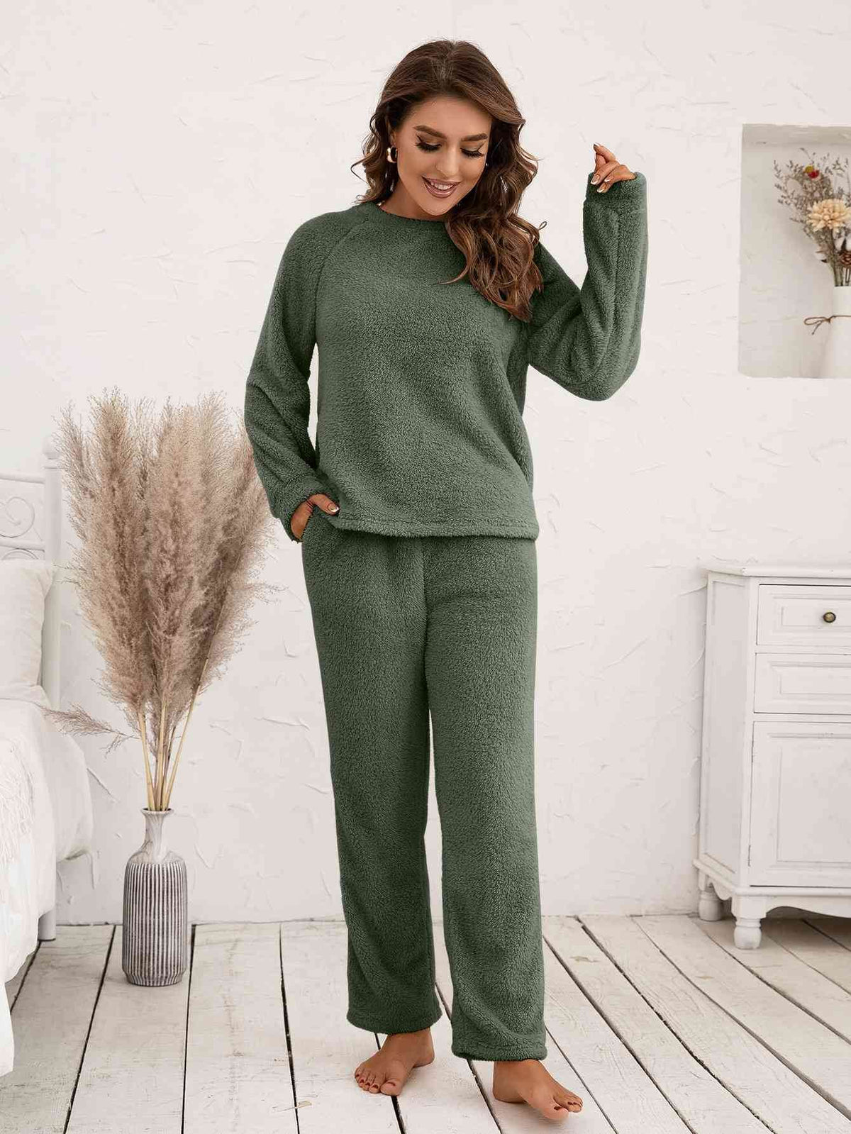 Ivy Lane Teddy Long Sleeve Top and Pants Lounge Set Matcha Green for a perfect OOTD – dress to impress outfits from Amexza