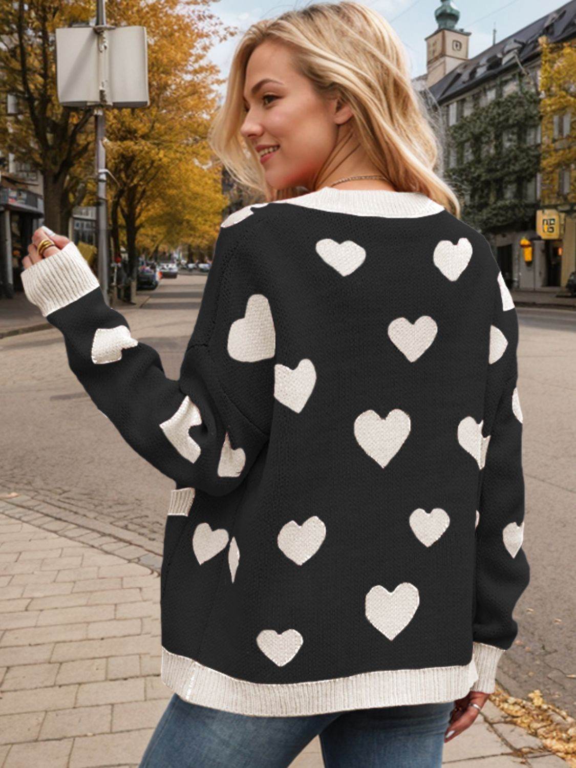 Heart Button Up Dropped Shoulder Long Sleeve Cardigan for a perfect OOTD – dress to impress outfits from Amexza