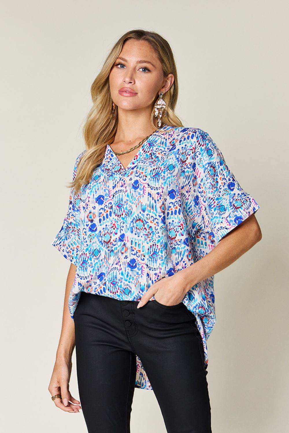 Double Take Full Size Printed V-Neck Short Sleeve Blouse Sky Blue for a perfect OOTD – dress to impress outfits from Amexza