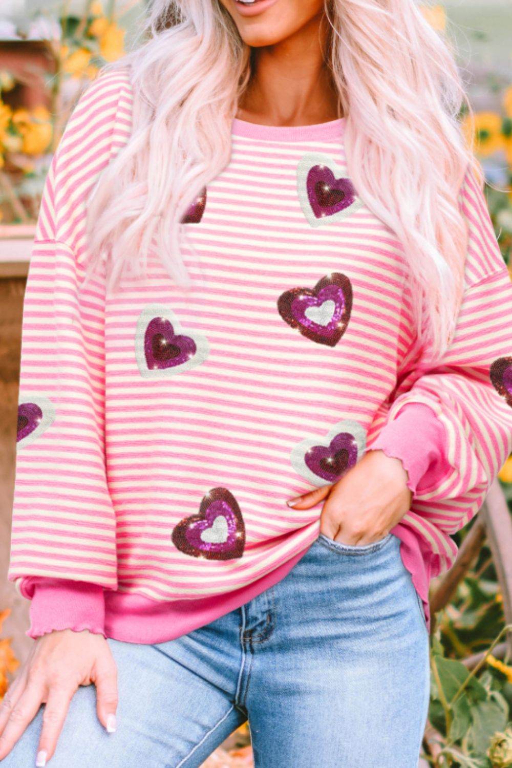 Valentine’s Day Sequin Heart Striped Round Neck Long Sleeve Sweatshirt for a perfect OOTD – dress to impress outfits from Amexza