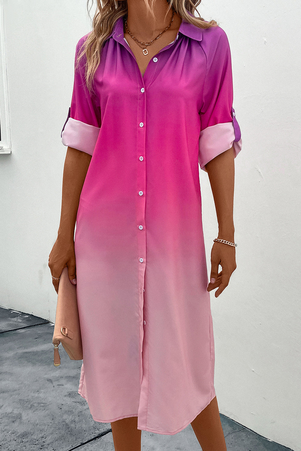 Perfee Gradient Long Sleeve Shirt Dress - Hot Pink / S