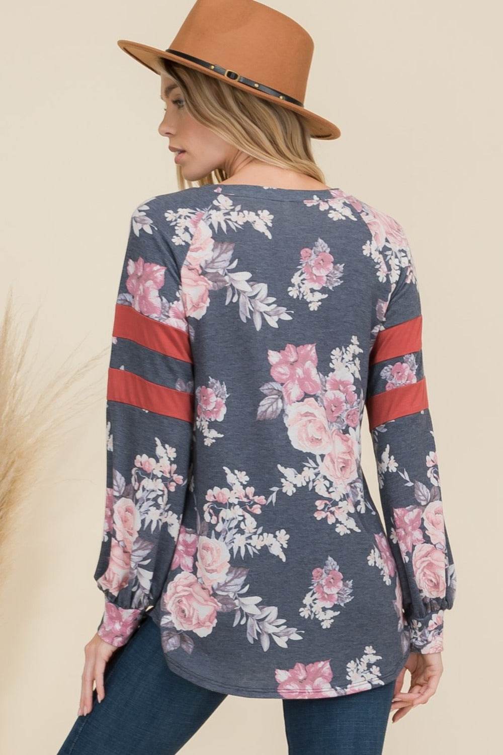 Celeste Full Size Floral Curved Hem T-Shirt with Stripe Detail for a perfect OOTD – dress to impress outfits from Amexza