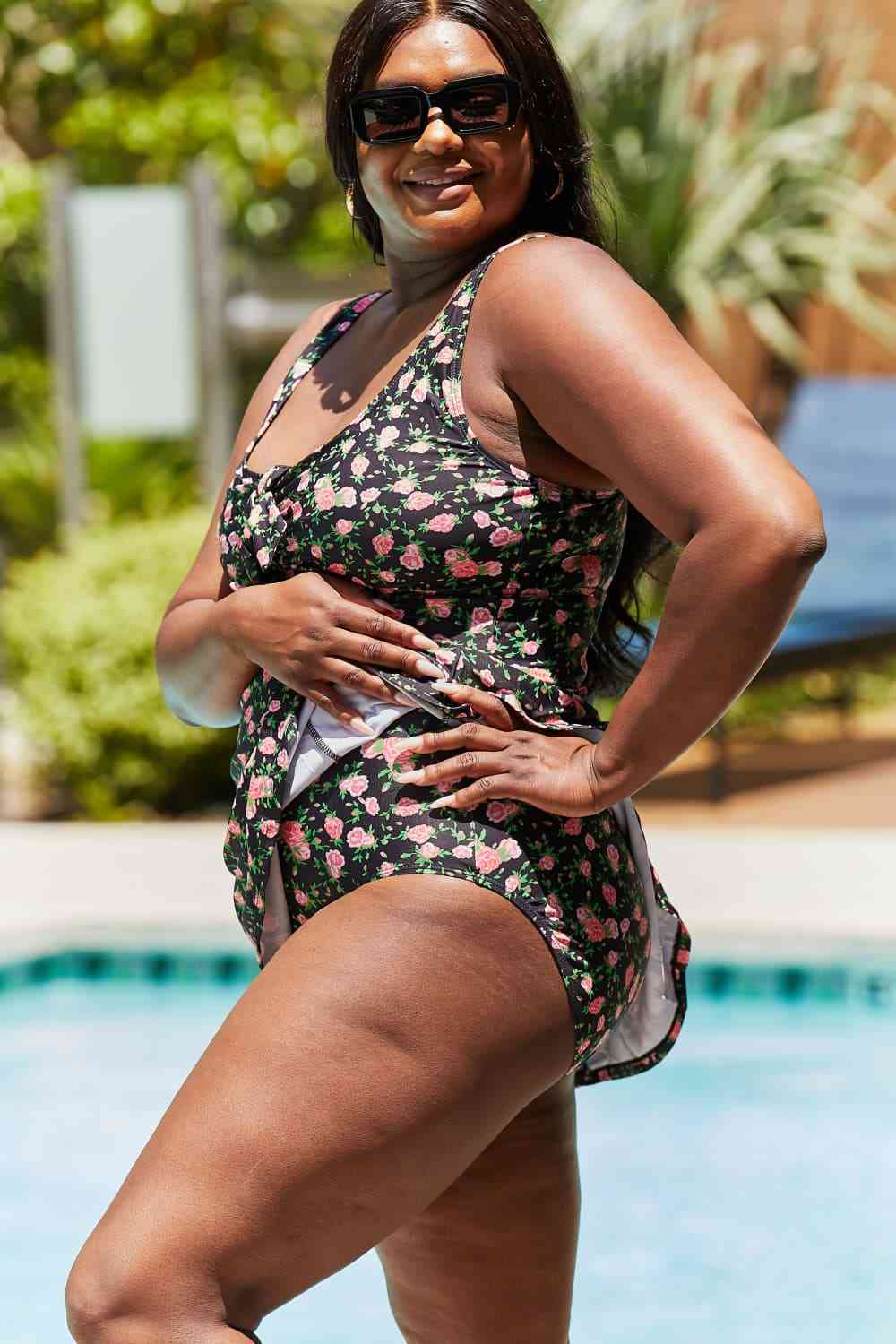 Marina West Swim Full Size Clear Waters Swim Dress in Black Roses for a perfect OOTD – dress to impress outfits from Amexza