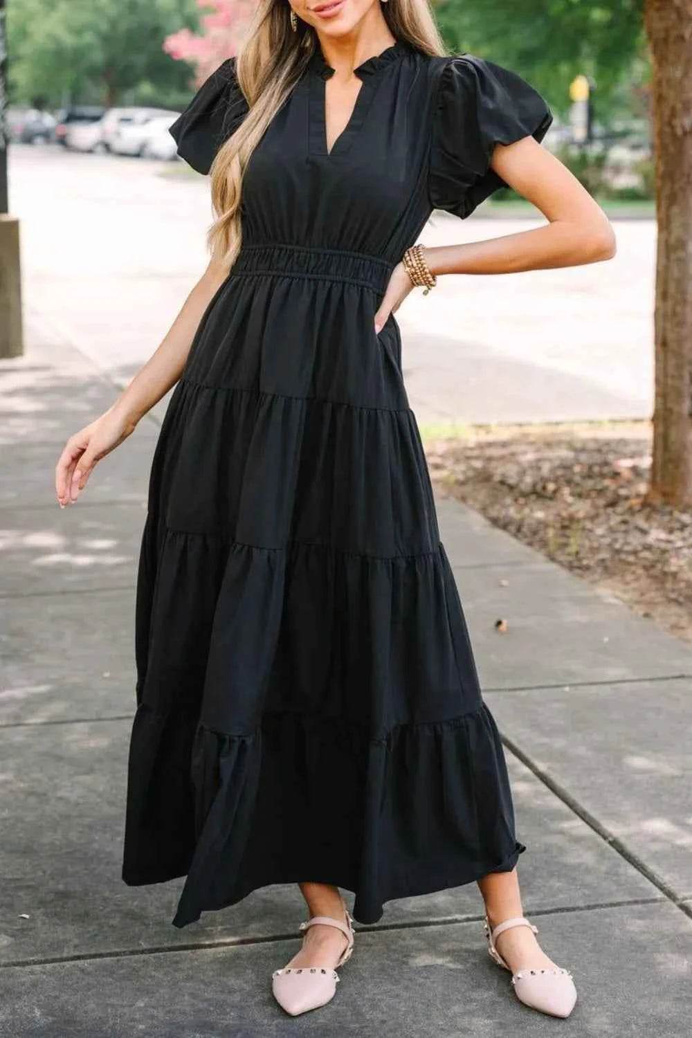 Notched Short Puff Sleeve Dress Black for a perfect OOTD – dress to impress outfits from Amexza