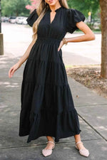 Notched Short Puff Sleeve Dress Black for a perfect OOTD – dress to impress outfits from Amexza