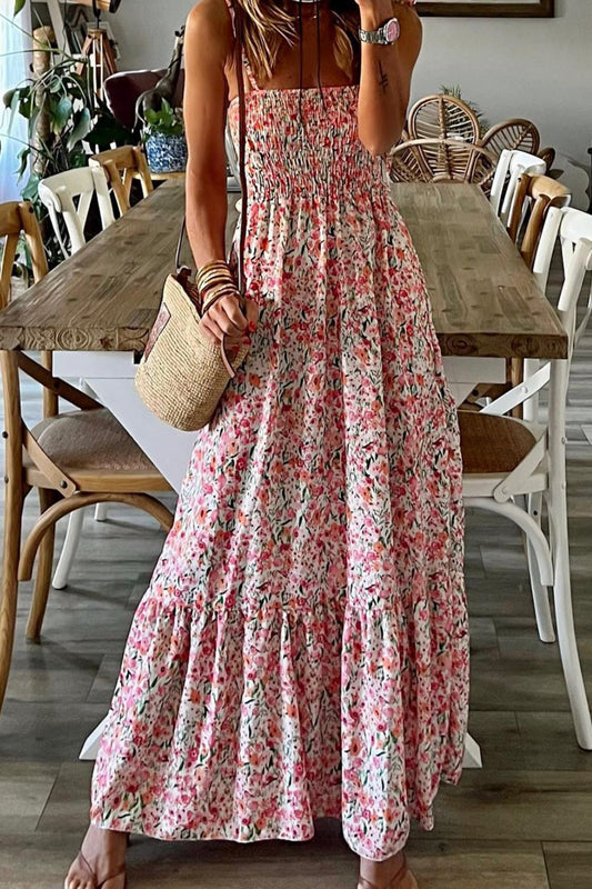 Smocked Floral Spaghetti Strap Dress - Floral / S