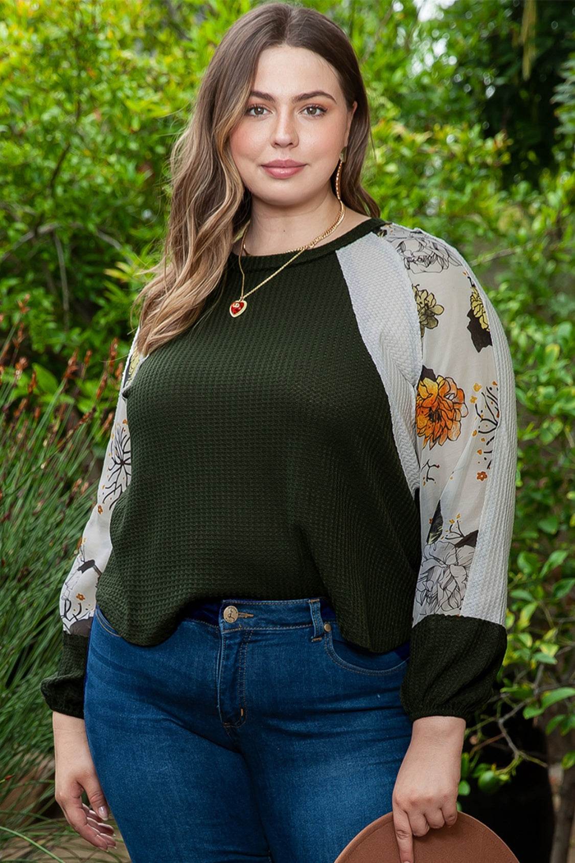 Plus Size Floral Waffle-Knit Round Neck Blouse for a perfect OOTD – dress to impress outfits from Amexza