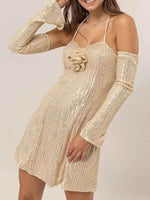 HYFVE Sequin Rosette Halter Mini Dress BEIGE for a perfect OOTD – dress to impress outfits from Amexza