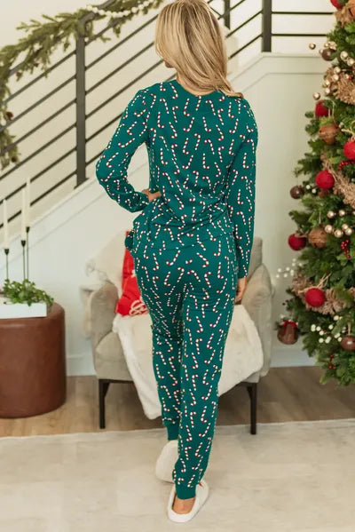 Candy Cane Print Round Neck Top and Pants Lounge Set for a perfect OOTD – dress to impress outfits from Amexza