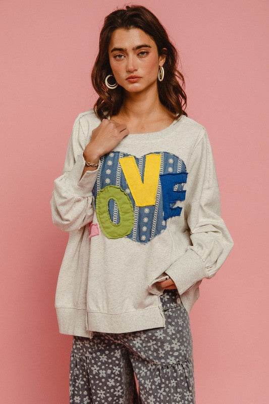 BiBi LOVE Heart Patch Slit French Terry Sweatshirt - Amexza