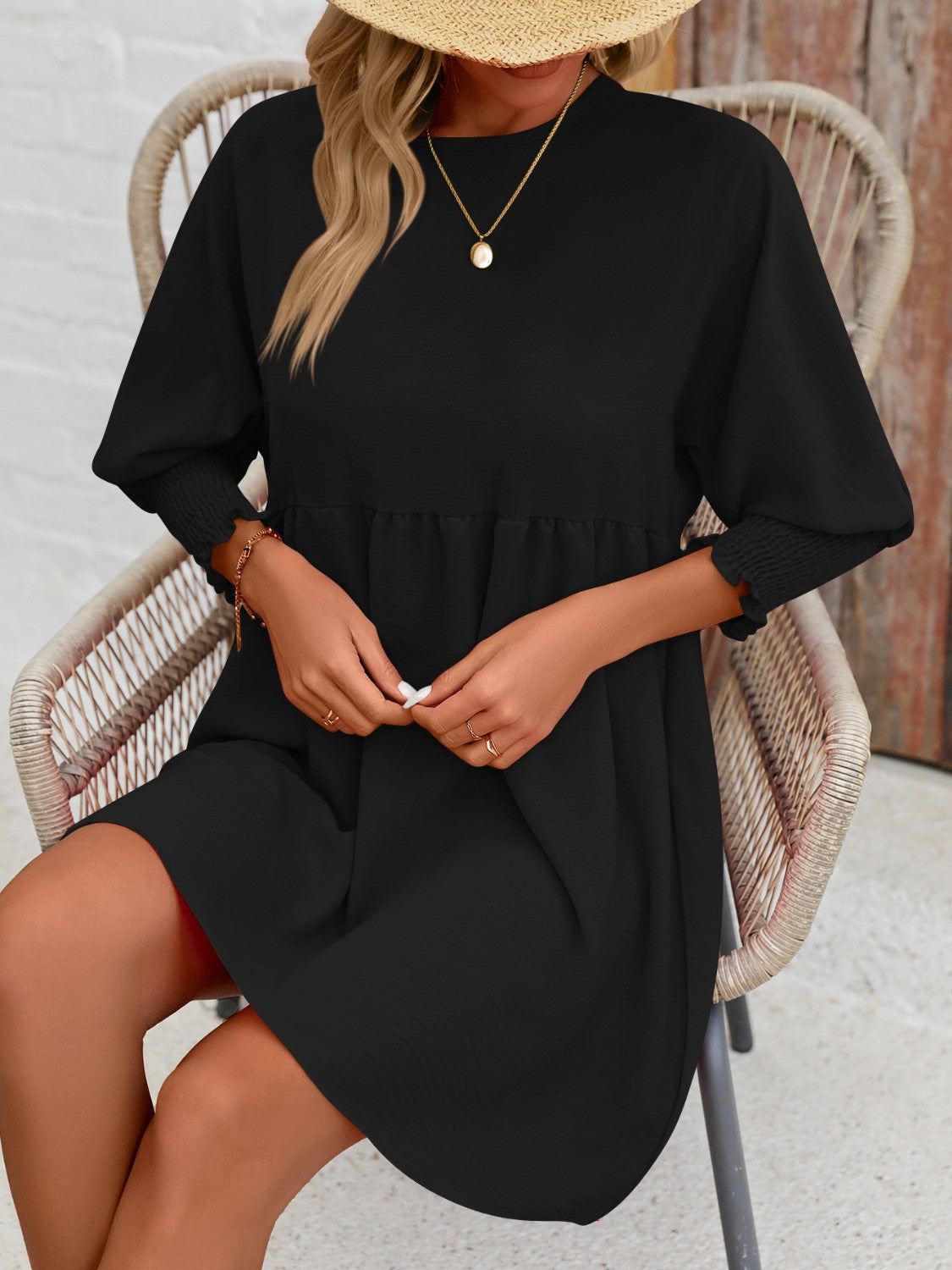 Round Neck Lantern Sleeve Mini Dress - Black / S