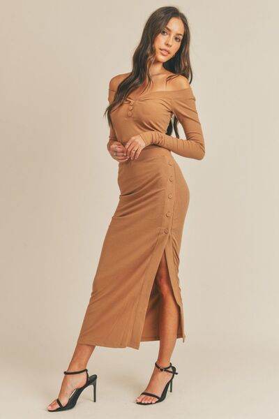 MABLE Button Detail Crop Top and Slit Midi Skirt Set Dusty Brown for a perfect OOTD – dress to impress outfits from Amexza