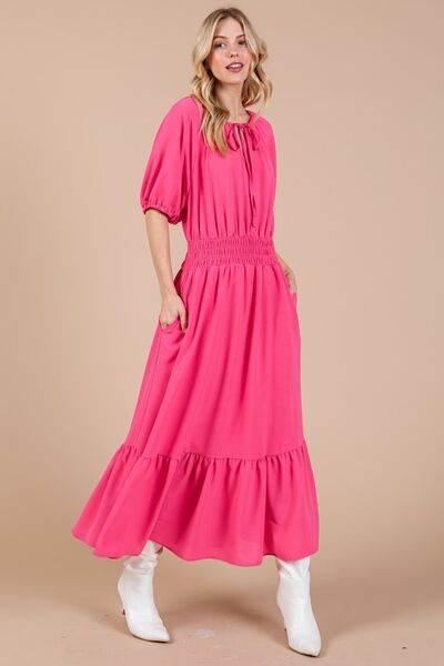 Ces Femme Smocked Elastic Waist Tie Neck Puff Sleeve Dress for a perfect OOTD – dress to impress outfits from Amexza