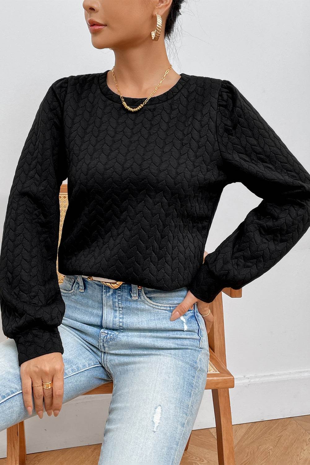 Texture Round Neck Long Sleeve Sweatshirt - Amexza