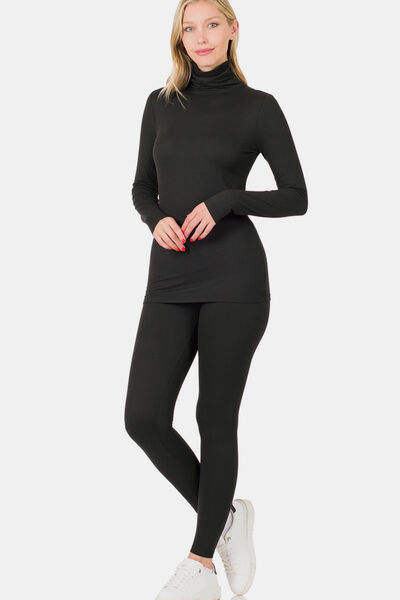 Zenana Full Size Turtleneck Top and Leggings Lounge Set Black for a perfect OOTD – dress to impress outfits from Amexza