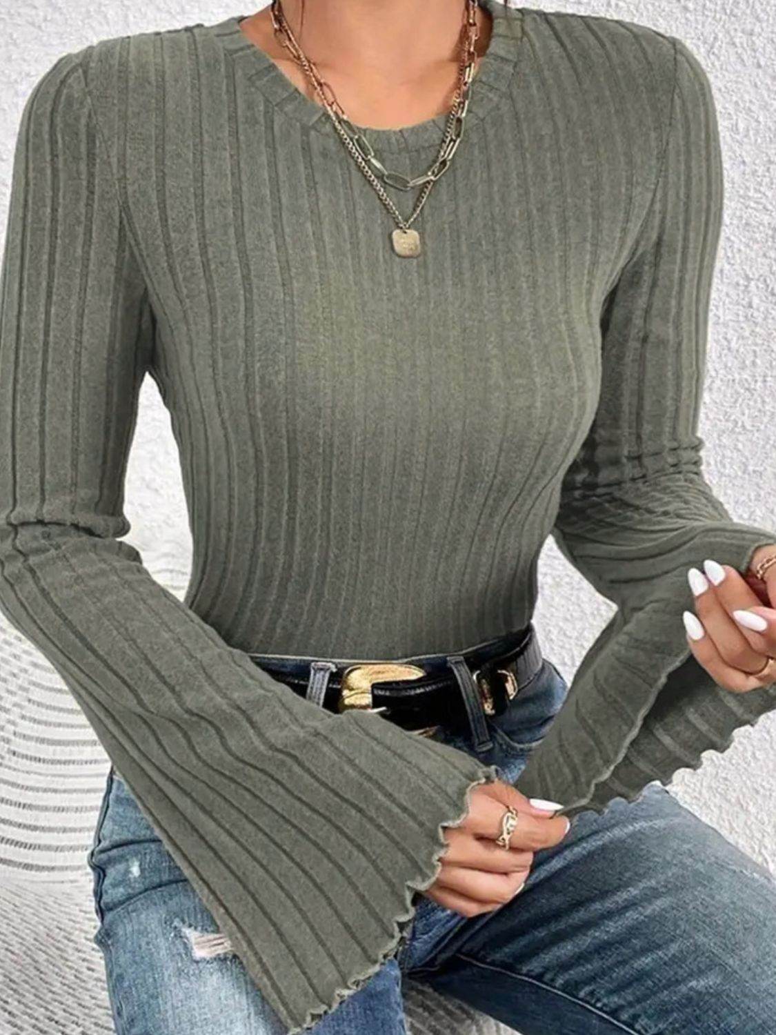 Ribbed Round Neck Flare Sleeve T-Shirt for a perfect OOTD – dress to impress outfits from Amexza