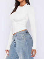 Ruched Asymmetrical Neck Long Sleeve T-Shirt - Amexza