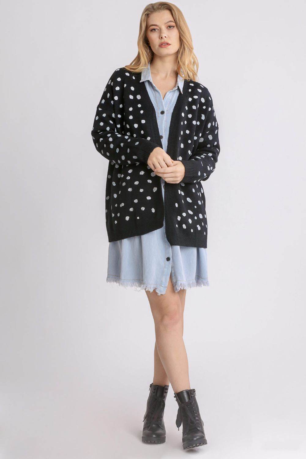 Umgee Polka Dot Open Front Drop Shoulder Cardigan for a perfect OOTD – dress to impress outfits from Amexza